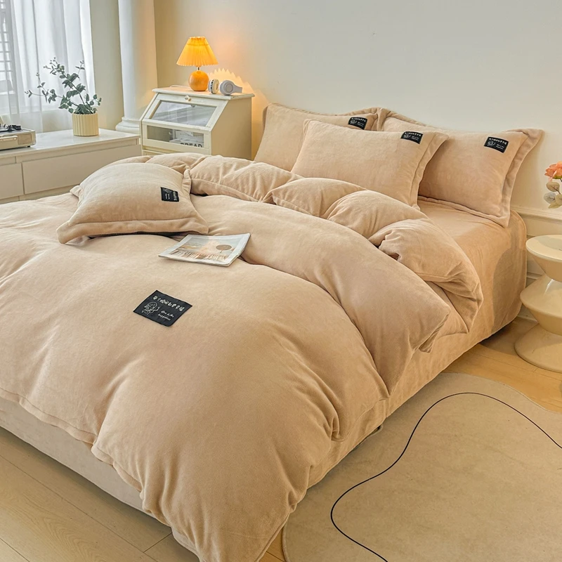 简约纯色牛奶绒四件套冬季双面绒被罩加厚学生宿舍法兰绒三件套