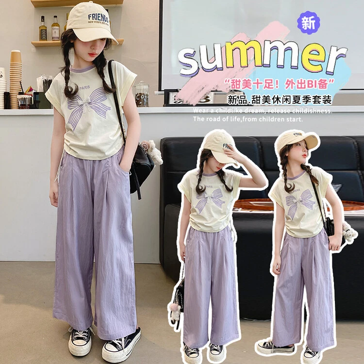 女童夏季短袖T恤套装中大儿童女孩棉t冰丝阔腿裤两件套休闲5-15岁