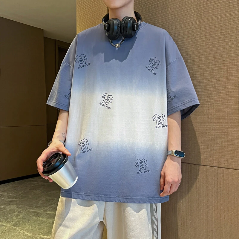 夏季新款青少年港风短袖T恤男宽松透气体恤学生渐变色上衣服体恤