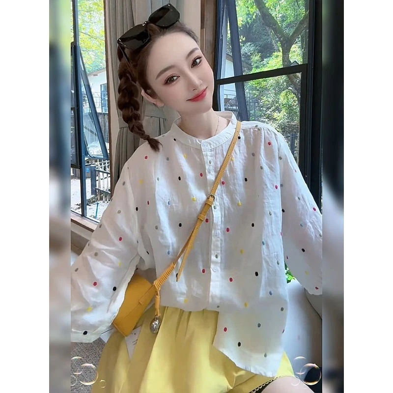 减龄气质波点中袖衬衫女夏季宽松透气圆领上衣
