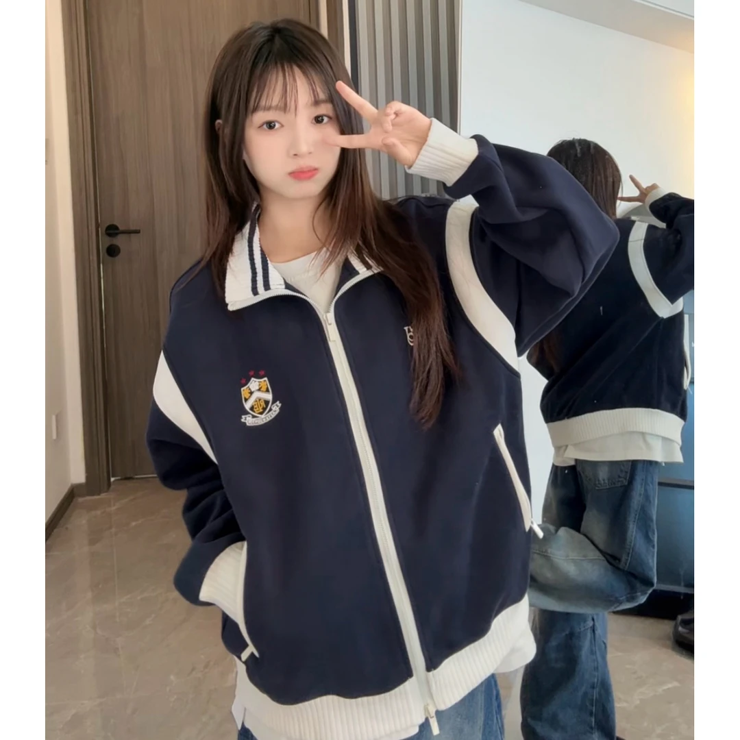 美式潮流情侣款撞色立领卫衣夹克男2女025新款春秋季宽松外套