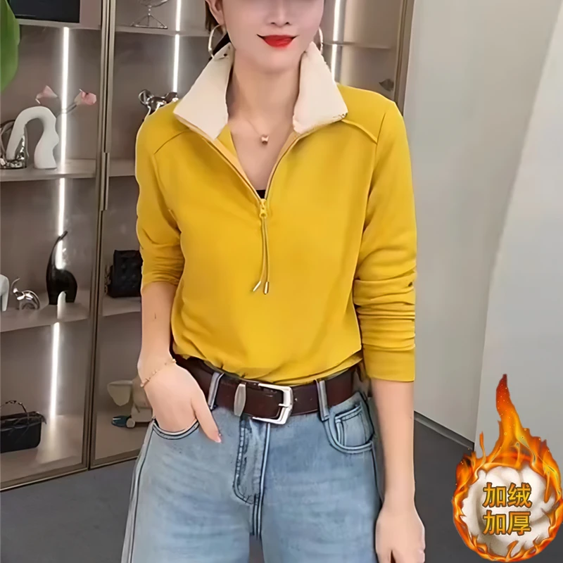 秋冬款品质女装网红长袖加绒加厚高领拉链保暖洋气内搭打底衫
