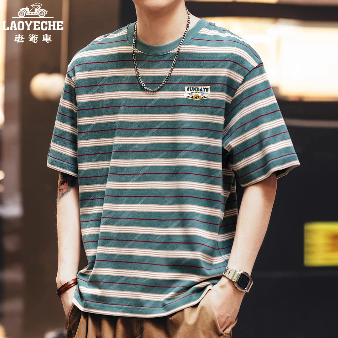 老爷车260g重磅拼色条纹短袖T恤男夏季潮牌宽松美式纯棉半袖T恤衫