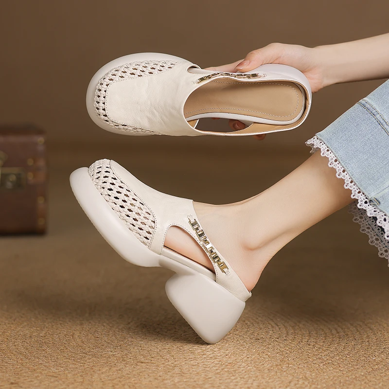 羊皮/6cm包头厚底凉拖女镂空半拖2025年新款夏季编织网眼高跟拖鞋