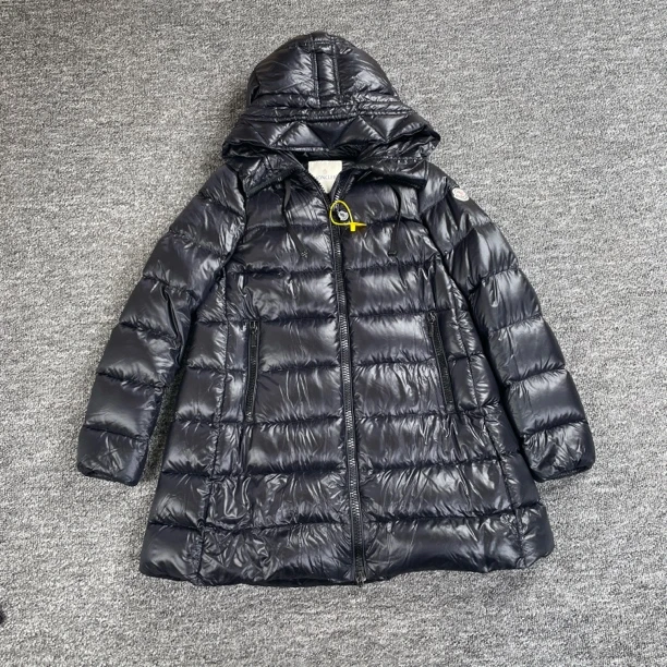 95新 MONCLER 7012/ 黑色logo贴饰连帽长款羽绒服外套/1码/95新