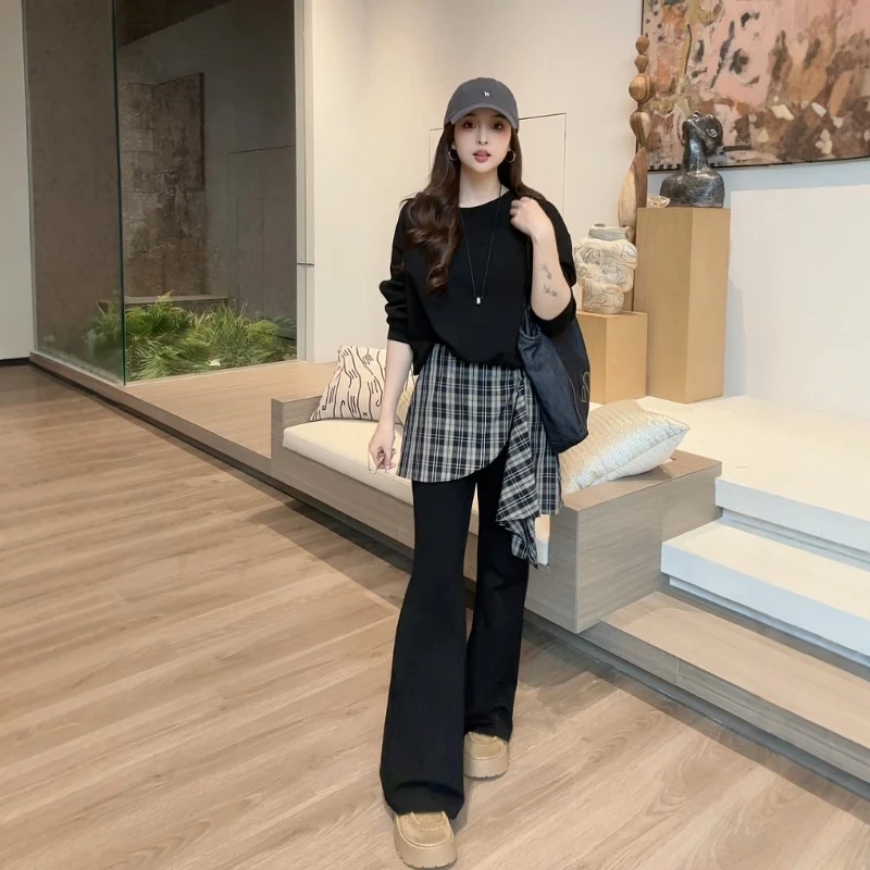 休闲运动套装女秋季新款纯色简约长袖卫衣格纹拼接休闲长裤两件套