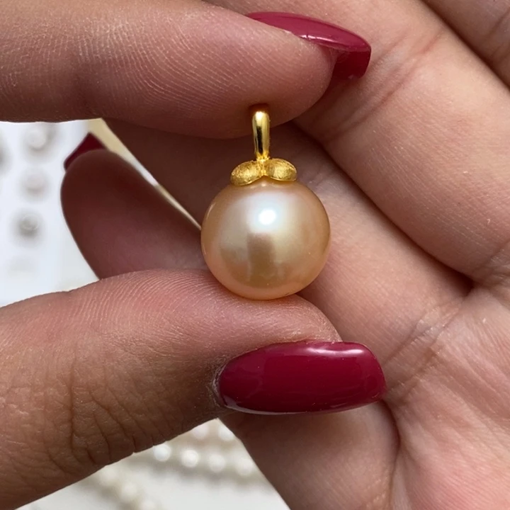 香槟金柿柿如意吊坠12.8m淡水珍珠银S925镶嵌