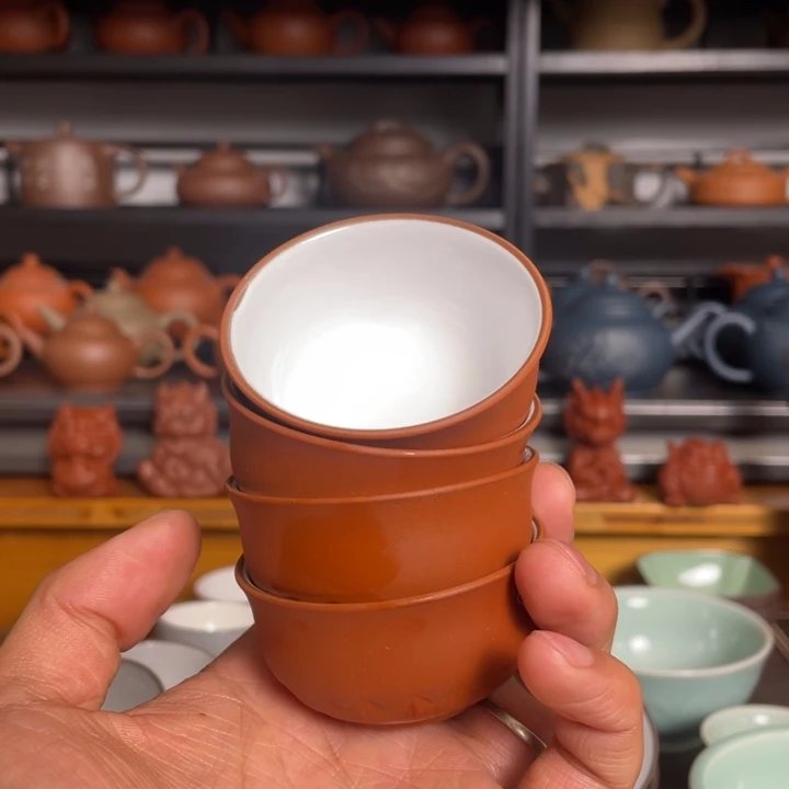 紫砂茶壶微瑕红泥白釉杯40cc