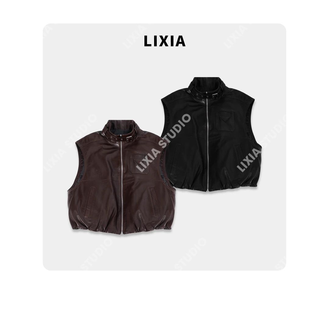 LIXIA【赛里牌】街头INS机车风油蜡绵羊皮90鹅绒皮马夹-D9820
