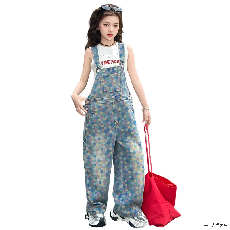 美式复古彩色棋盘格小众牛仔裤女2025夏季高腰宽松垂感阔腿长裤潮