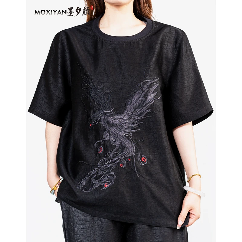 【墨夕颜】2025新款桑蚕丝 黑龟万针刺绣 圆领短袖-MH-838