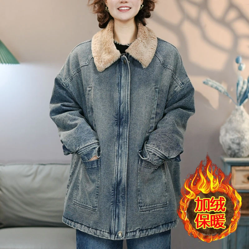 2630蓝色加绒中款款毛领牛仔棉服2025冬季新款加厚保暖棉衣