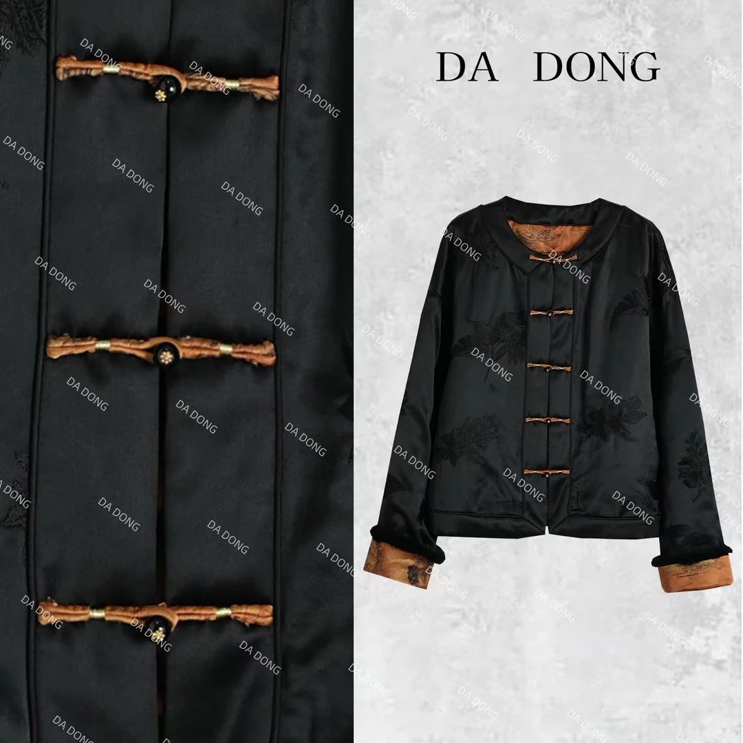 灯火阑珊--新中式国风拼水貂毛秋冬立领提花高定轻奢时尚黑色棉服