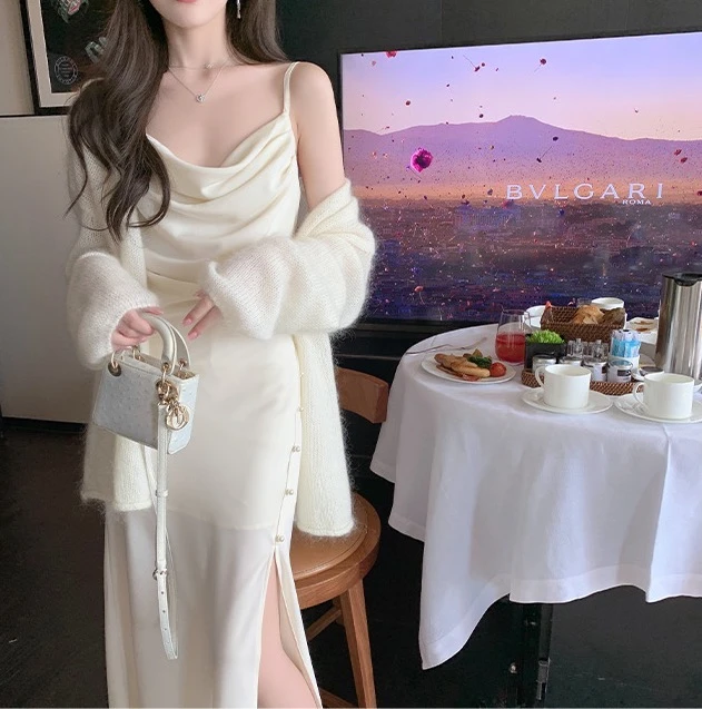 高品质设计款荡领钉夏季珠吊带裙 开叉高级纯欲风显瘦