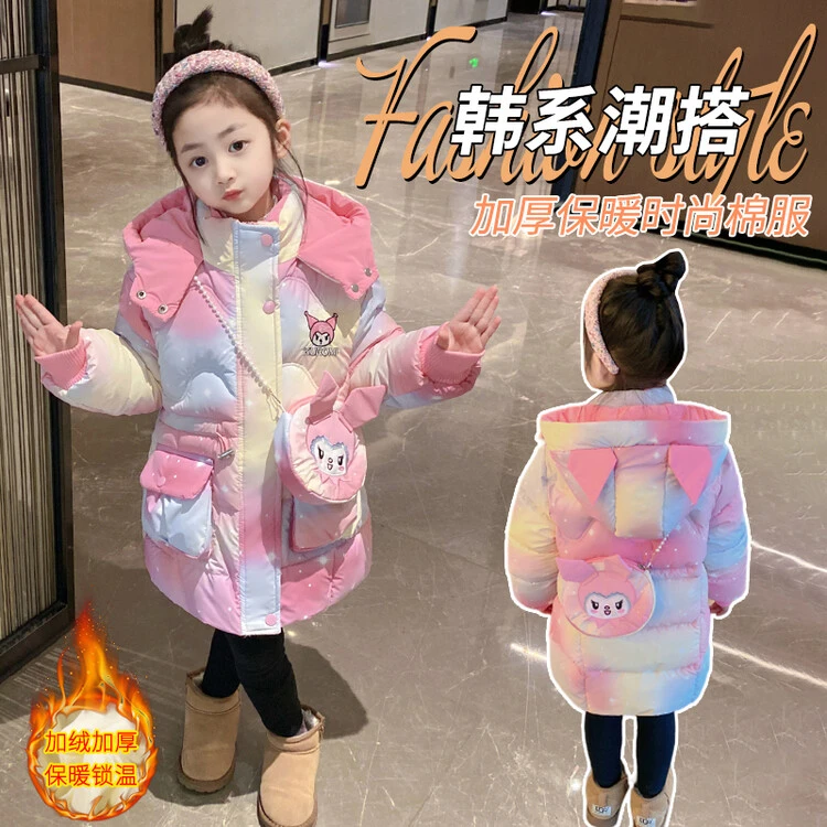 2025新款冬季加厚保暖女童彩虹格子外套时尚百搭儿童棉服潮