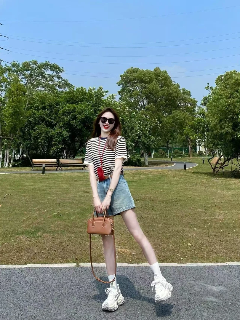 202春夏新款韩系简约圆领短袖条纹t恤高腰复古牛仔裤两件套装