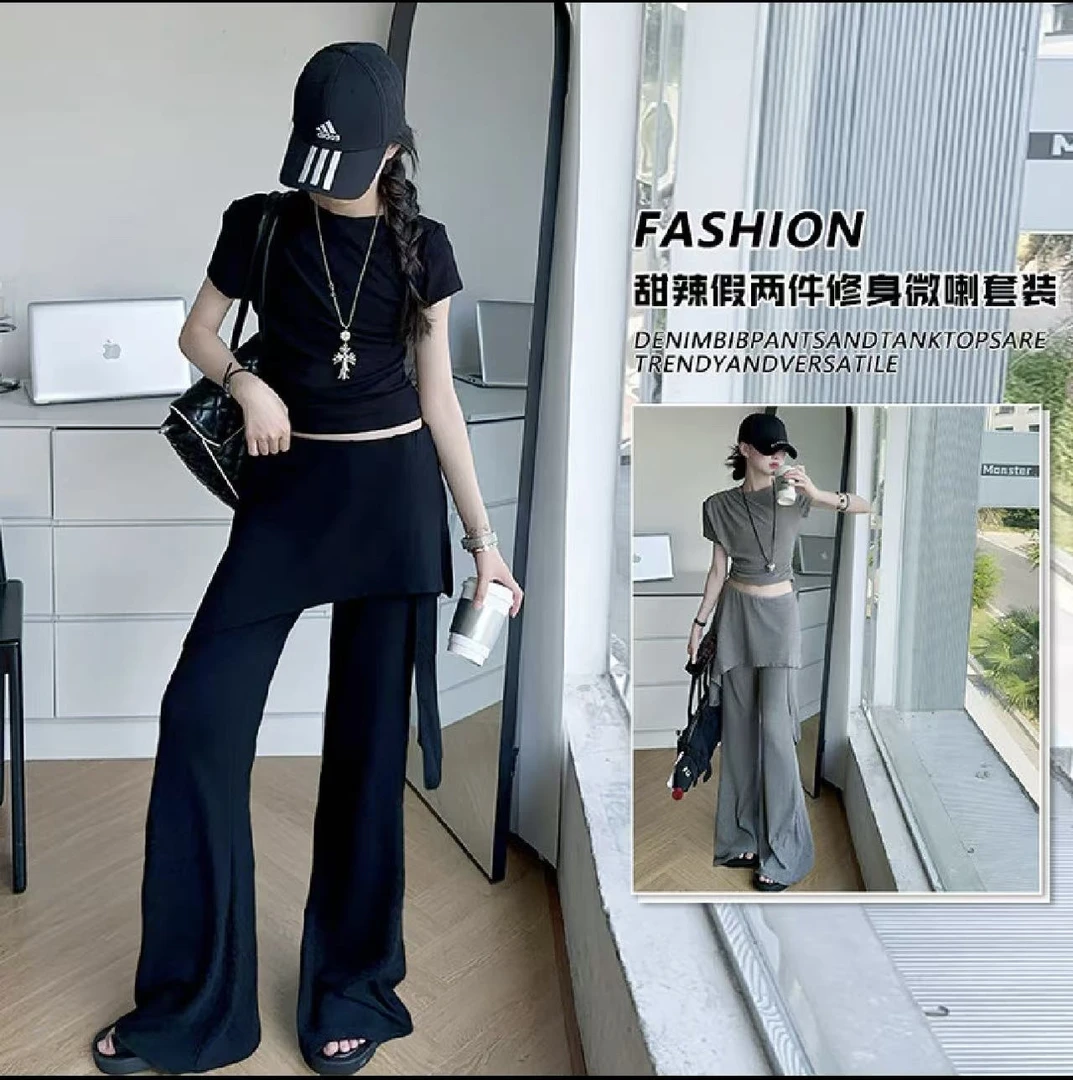 女童2025年夏季新款甜酷露腰修身显瘦短款T恤宽松休闲阔腿裤套装