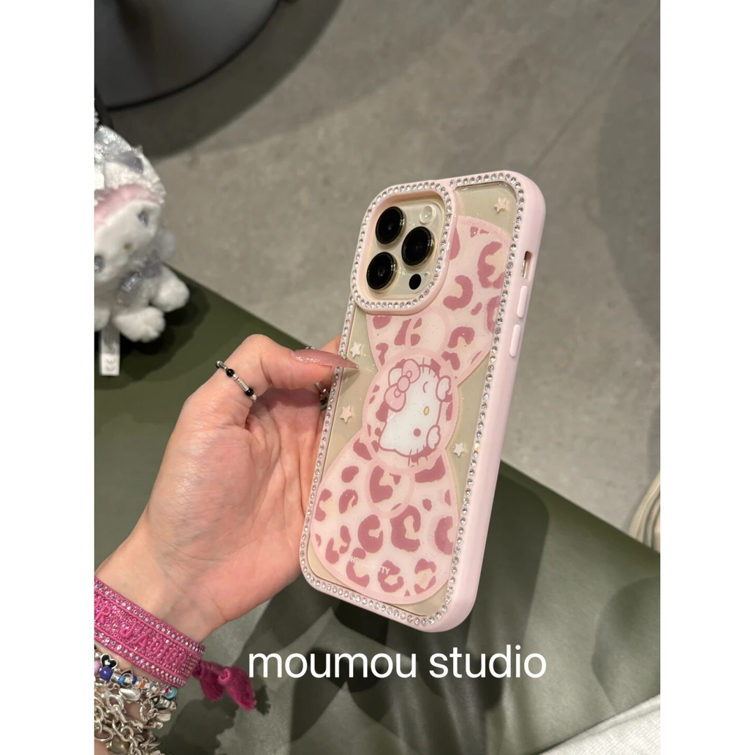 边框钻豹纹蝴蝶结猫咪适用于苹果16promax手机壳15保护套14/13女
