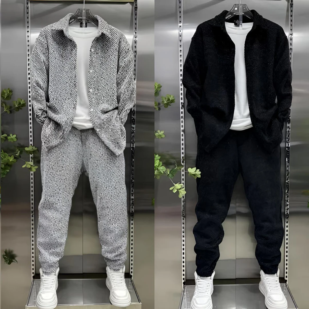 春季新款衬衫套装时尚宽松男士上衣休闲裤一整套休闲衬衣长裤套装
