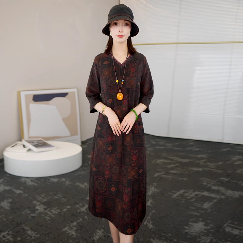 中年妈妈桑蚕丝连衣裙2025夏季新款复古杭州丝绸高端香云纱女裙7