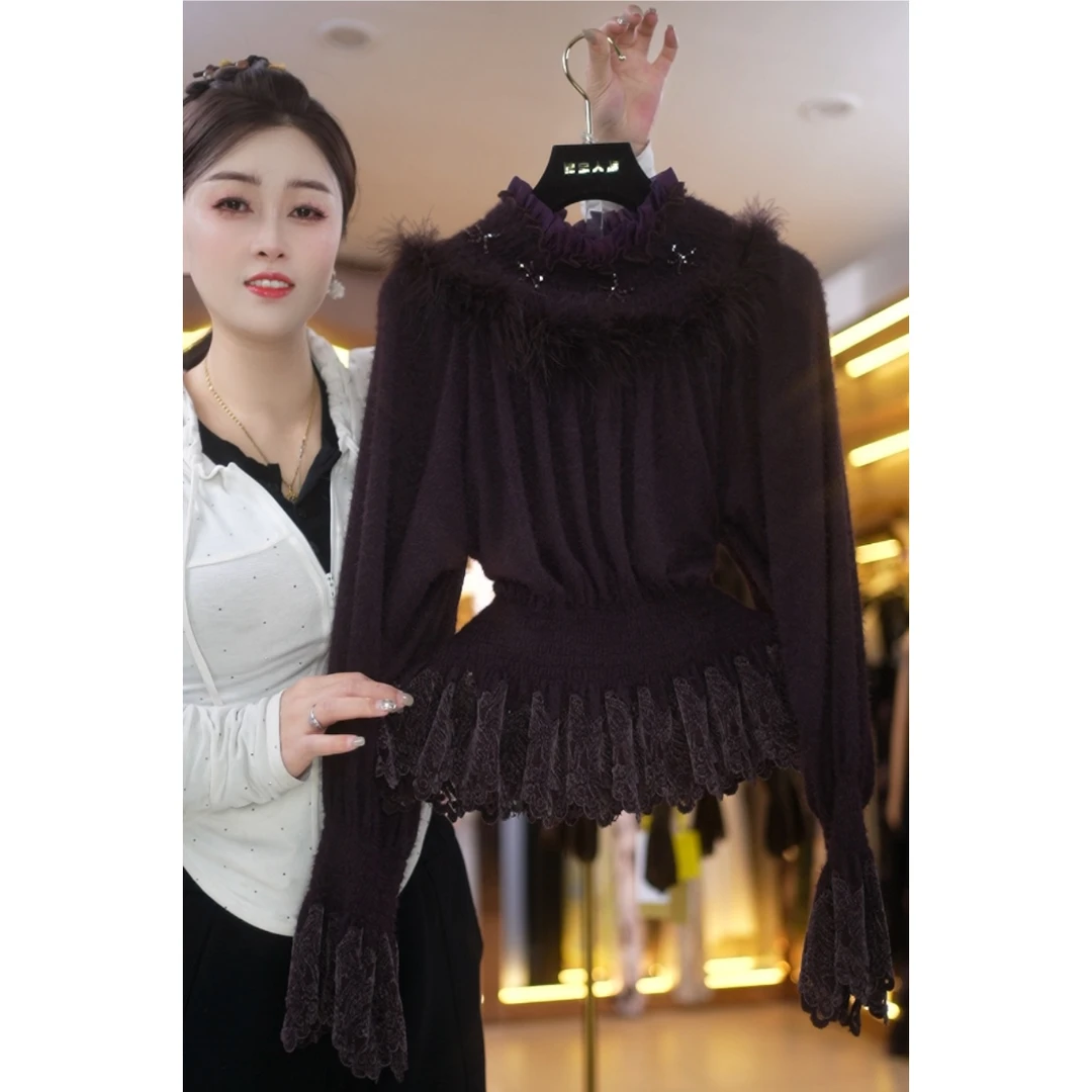【娟专属】鸢尾紫拼接毛绒设计师法式蕾丝拼接气质优雅上衣A055-15