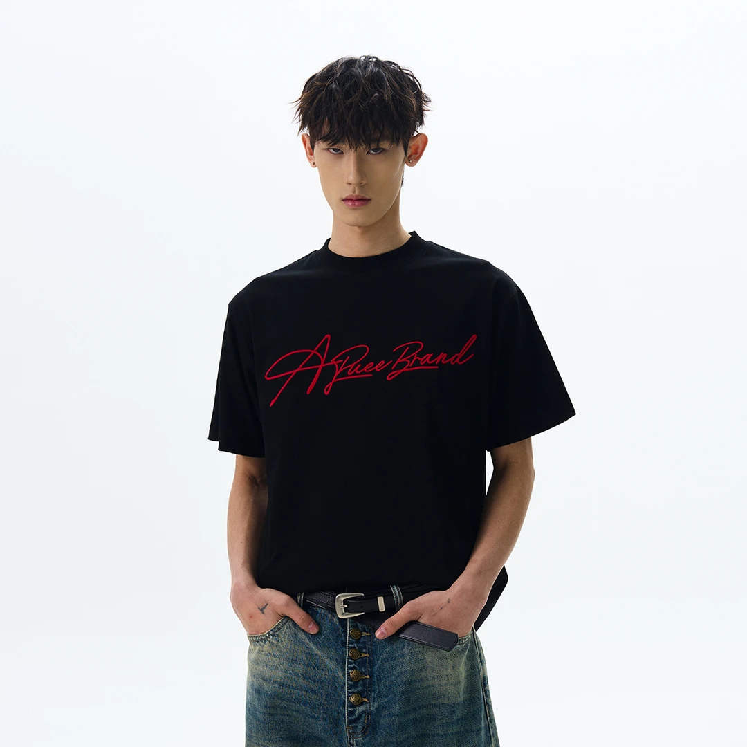 A PUEE美式复古原创刺绣短袖T恤cleanfit休闲百搭宽松上衣男女夏