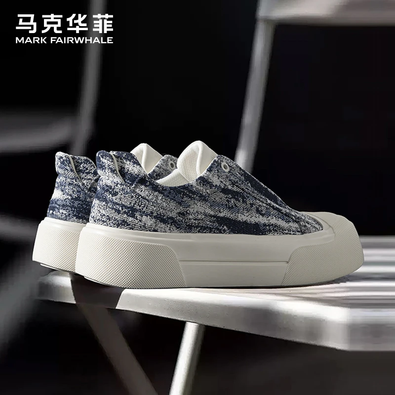 马克华菲一脚蹬男鞋2025新款春夏季透气帆布鞋厚底男士休闲滑板鞋