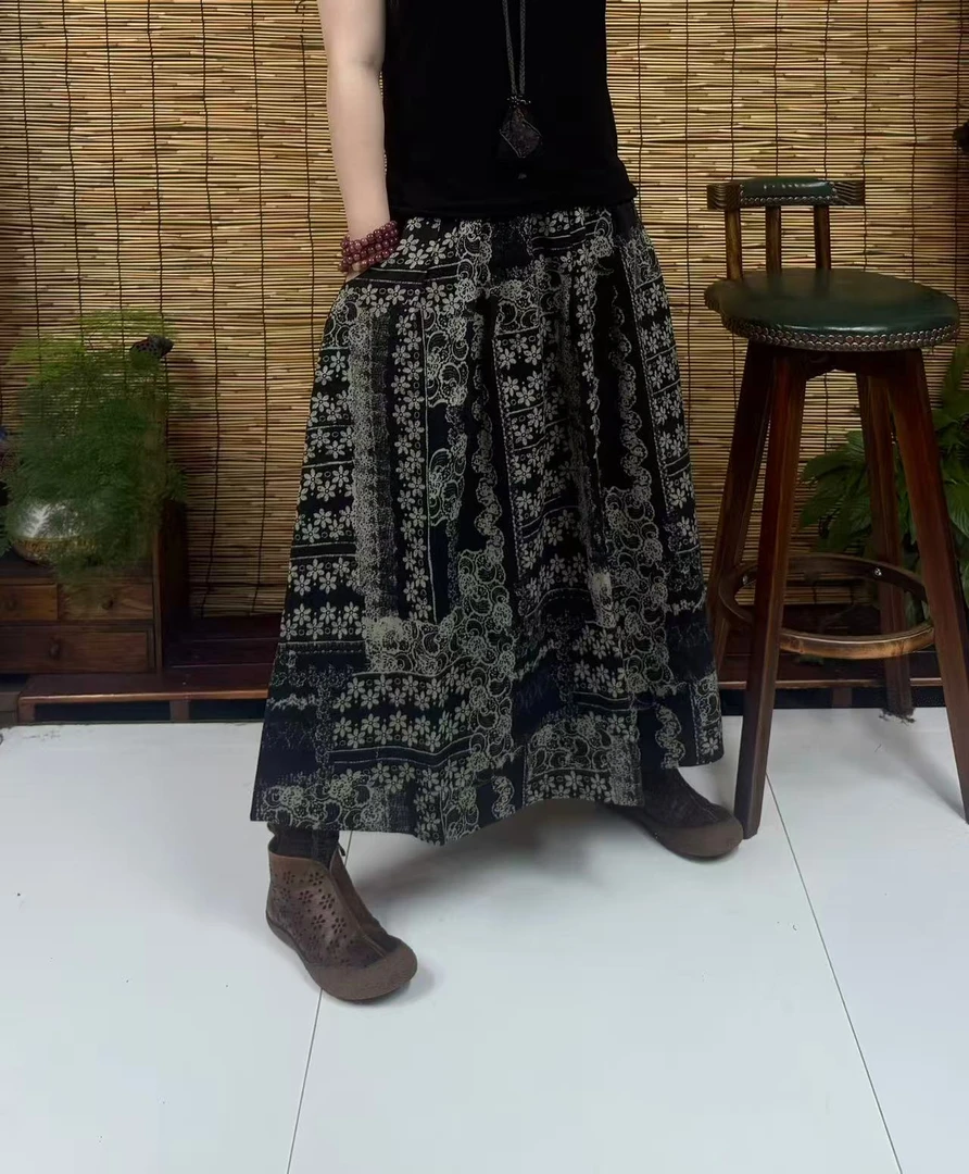 3380复古印花棉麻半身裙（长85左右，90-160斤）