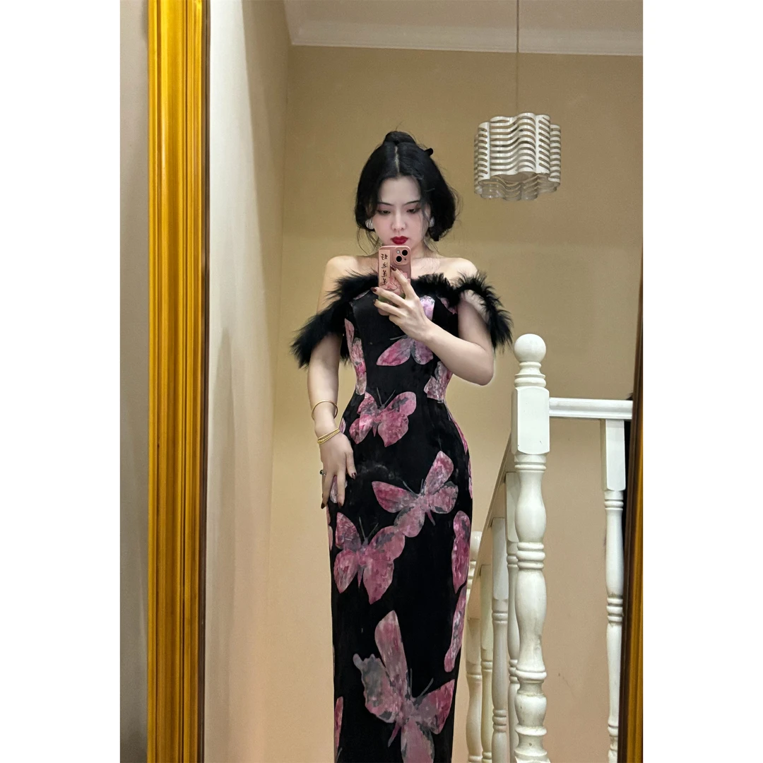 画报夫人原创自制新中式温柔复古毛毛吊带蝴蝶连衣裙 蝶梦