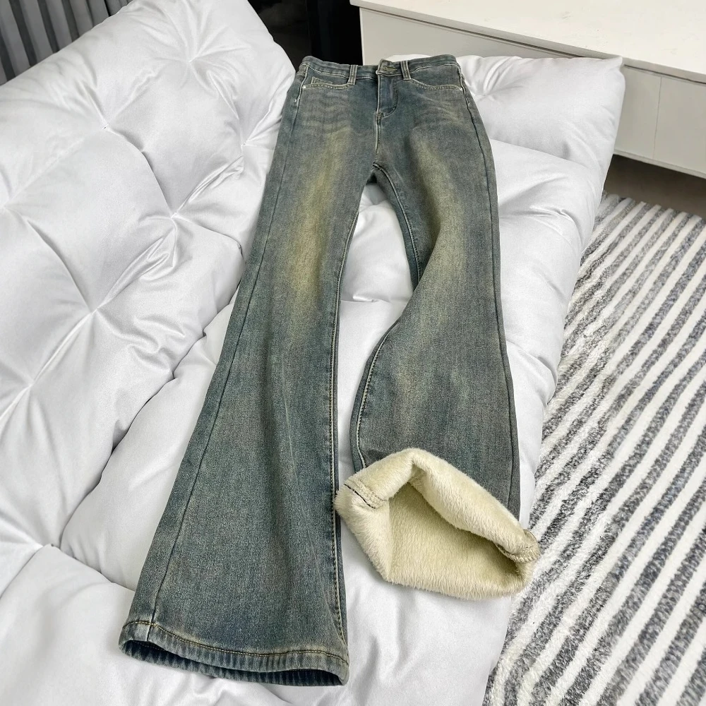 加绒加厚复古蓝牛仔裤女冬季大码高腰遮胯弹力微喇马蹄裤