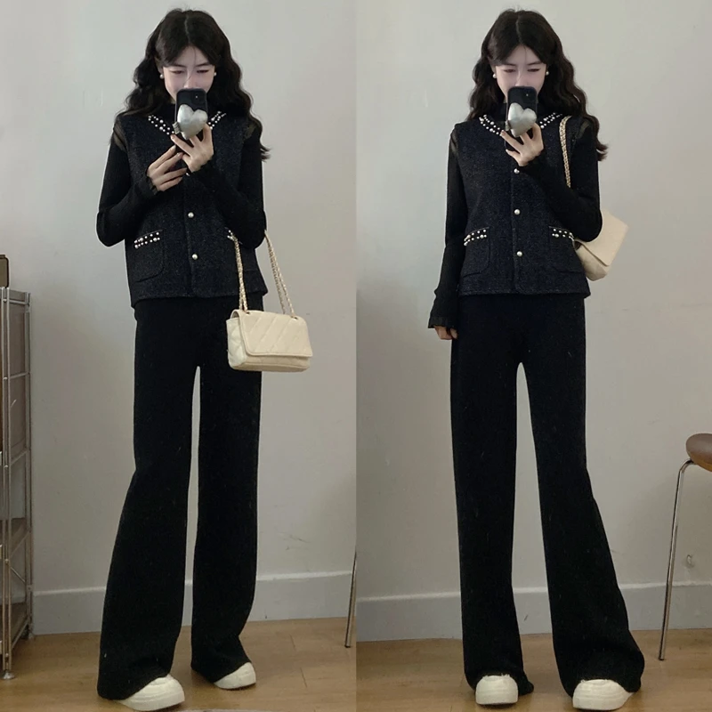 大码胖mm女装秋冬新款收腰显瘦打底衫+马甲+阔腿裤三件套装女