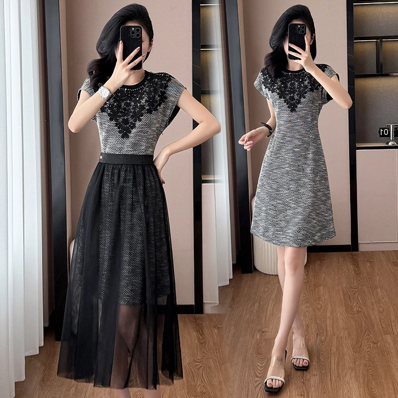 新款休闲风时尚套装显瘦修身蕾丝女装夏装短袖连衣裙拼接黑色复古