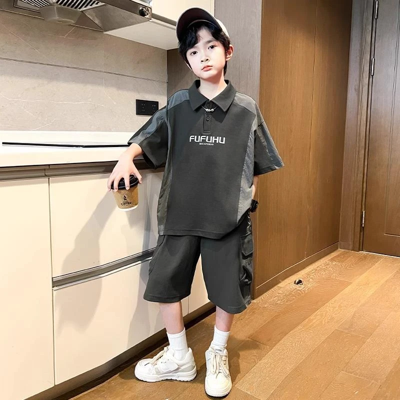 MK&UR.BV男童夏季短袖套装2025新款POLO衫中大儿童运动薄款时尚