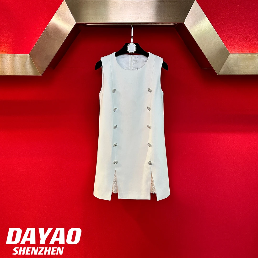 「DAYAO」新款双排钻扣蕾丝开叉无袖高档连衣裙轻奢女装WY122