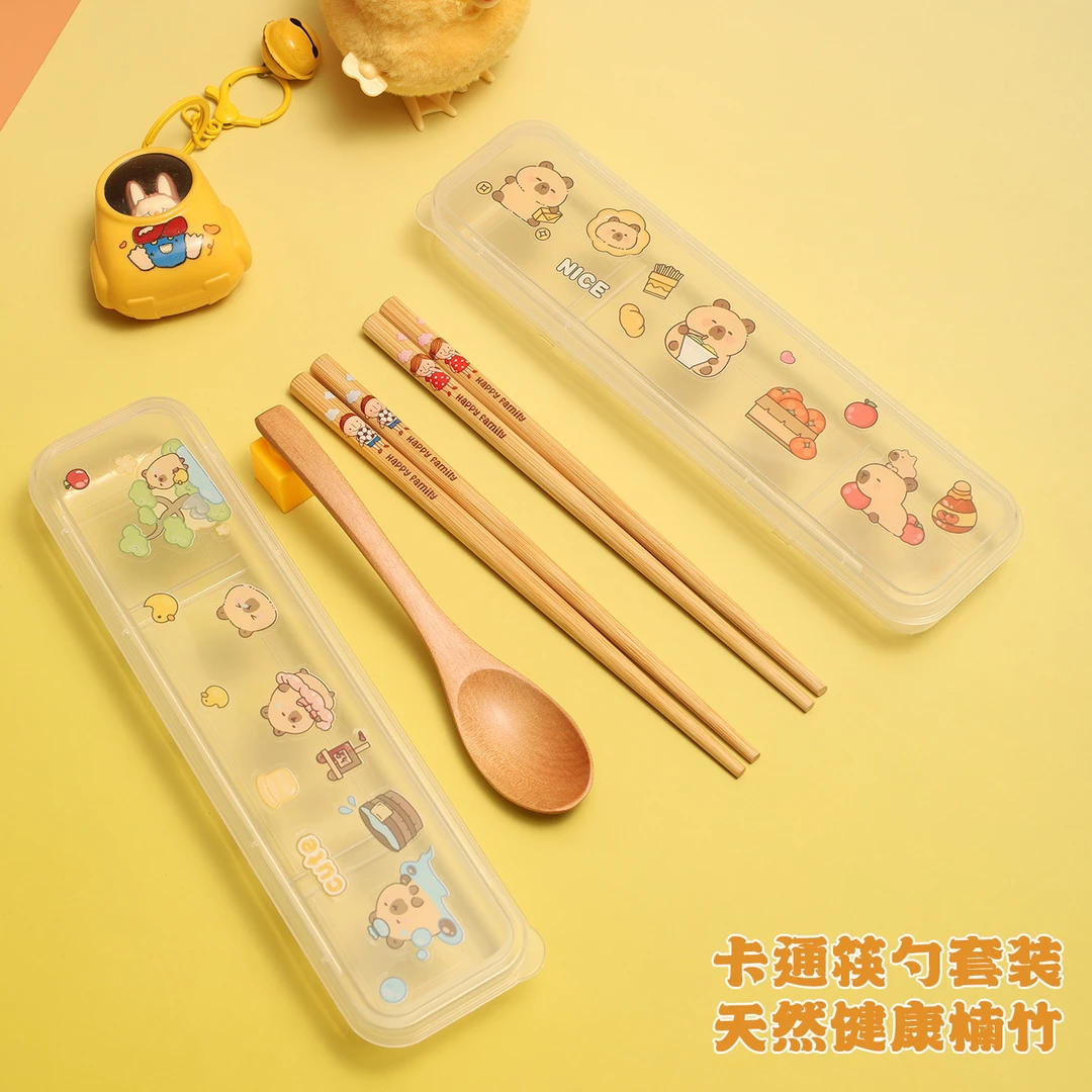 儿童筷子卡通可爱创意勺子收纳盒筷勺套装幼儿园小学专用楠竹筷子