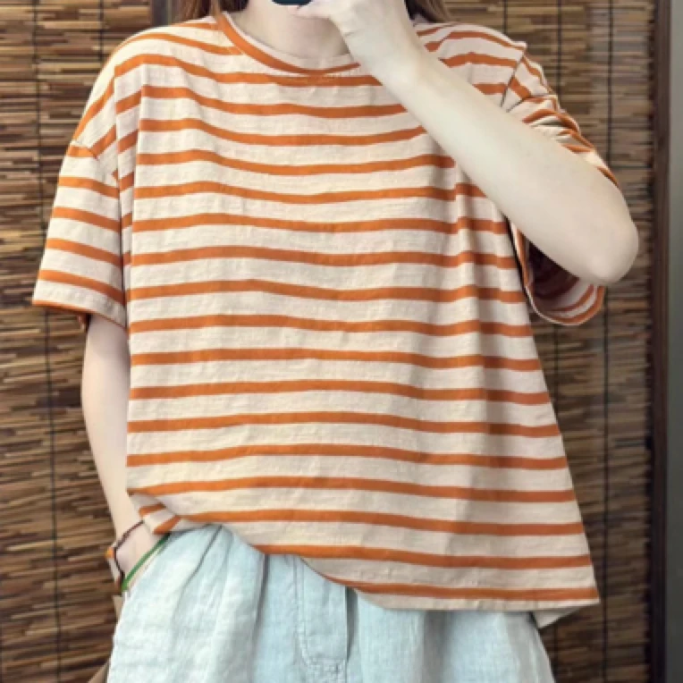 9530夏季新款水洗纯棉韩版宽松百搭简约圆领条纹T恤时尚个性洋气