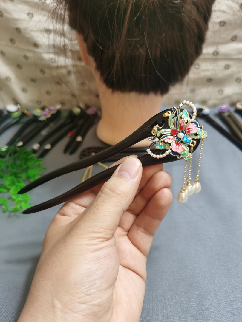 15厘米黑檀木蝴蝶发钗发簪古风配饰头饰发饰新中式簪子盘发簪流苏