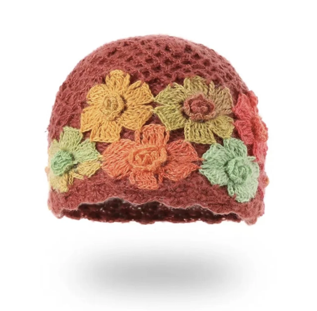 手工钩织彩色花朵套头帽子女士柔软百搭气质保暖包头帽秋冬新款帽
