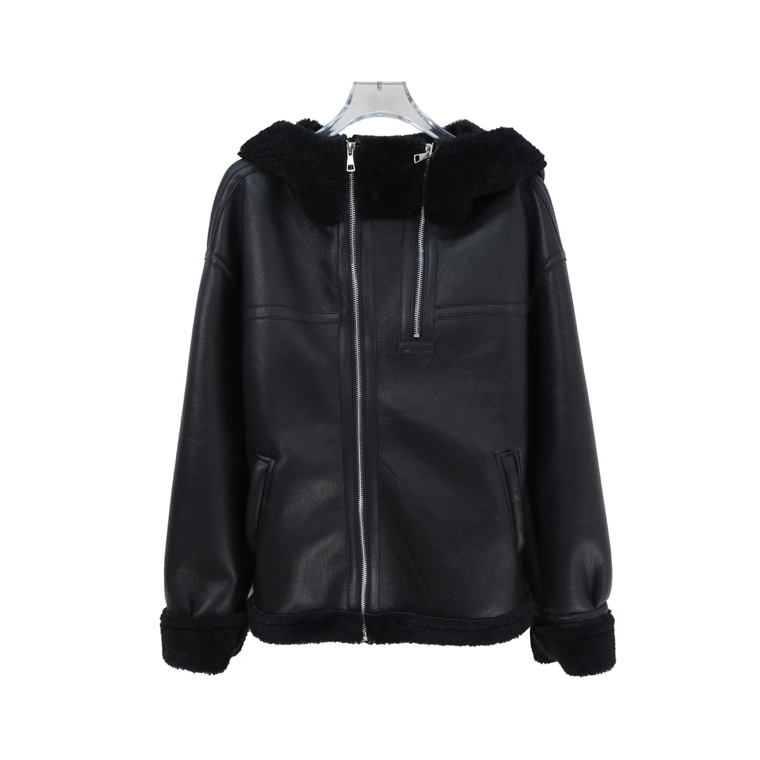 连帽设计感拉链宽松亮面加绒保暖外套S5478