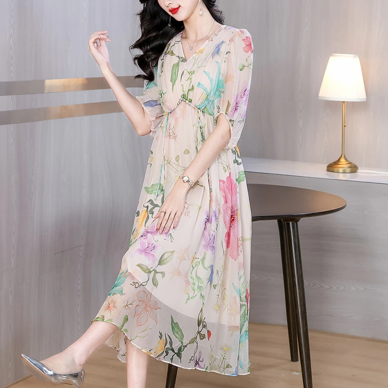 yhfs7931法式温柔风碎花连衣裙女2025春夏新款甜美减龄V领雪纺裙