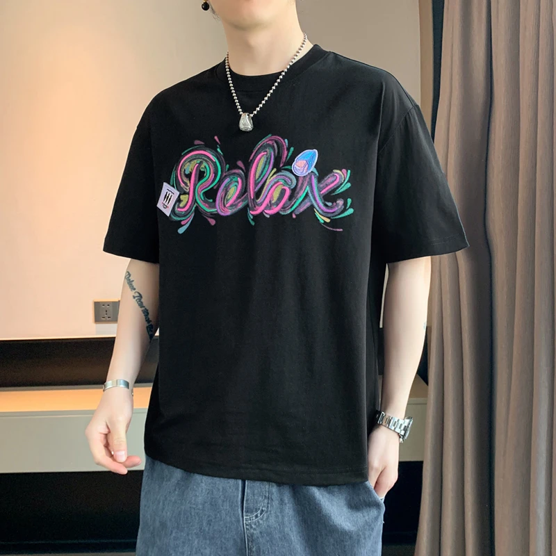 男生穿搭衣服字母印花圆领夏季新款青少年薄款半袖T恤学生百搭