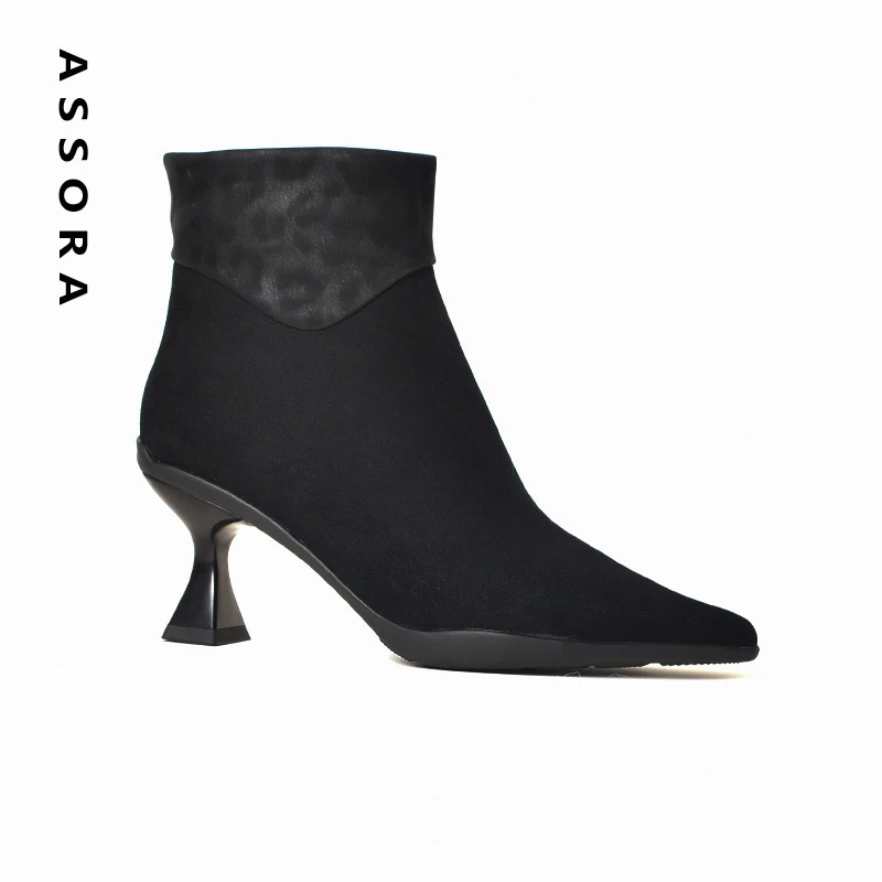 断码清仓5cm真皮气质高跟短靴女冬新款豹纹尖头加绒保暖靴子