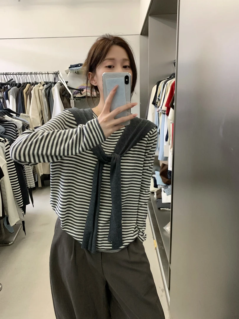 2025秋季新款时尚显瘦条纹针织衫女宽松上衣T恤配披肩两件套I4-86