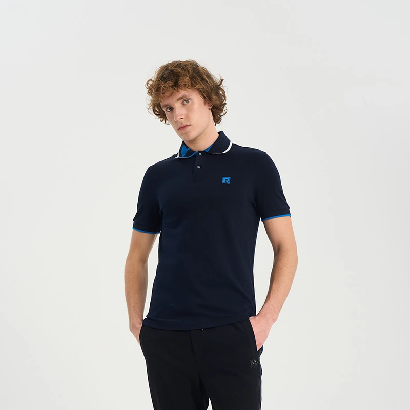 RARE威雅男装春夏蓝白撞色翻领藏青色商务舒适短袖POLO衫T恤