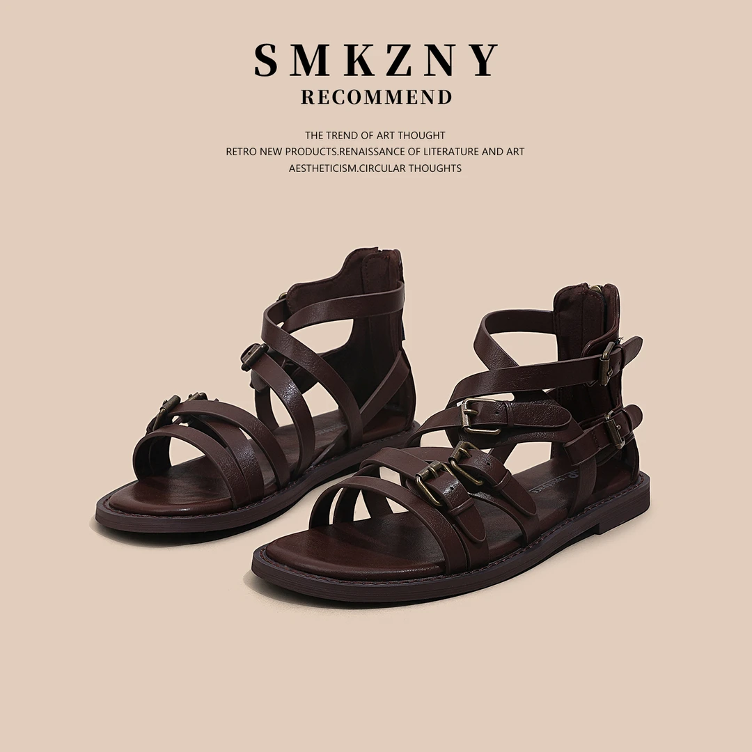 SMKZNY罗马凉鞋女款夏季外穿时尚百搭露趾性感平底休闲凉拖沙滩鞋