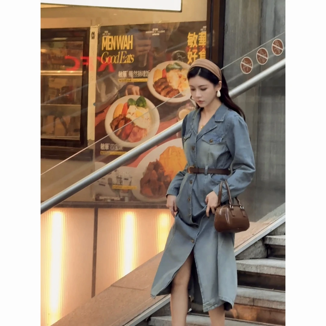 2025早秋新款气质牛仔连衣裙女装法式小众高级感小个子复古长裙子