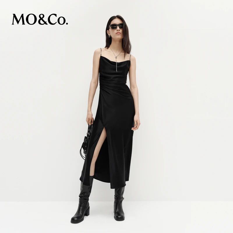 MOCO连衣裙2025春新品可拆肩带含醋酸收腰吊带开叉长裙MBE1DRST05