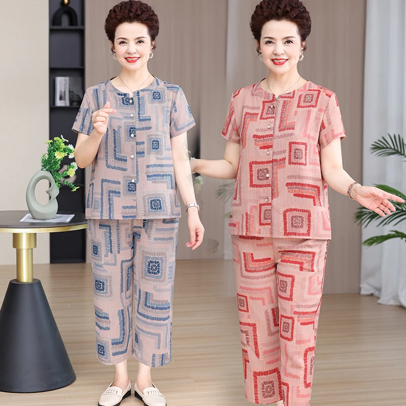 妈妈夏装短袖洋气套装中老年人中老年奶奶气质宽松T恤夏季两件套