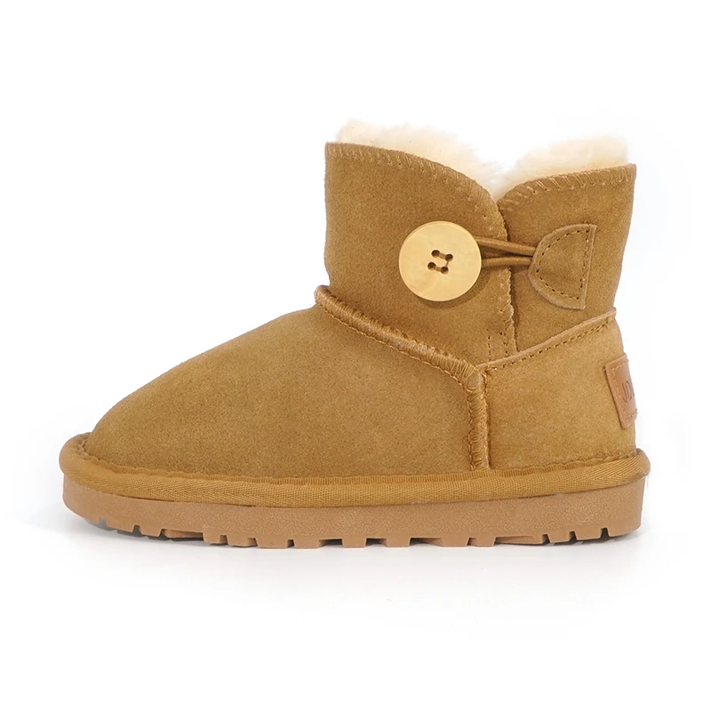羊皮毛一体儿童雪地靴纽扣款女童男童真皮软底防滑加厚保暖