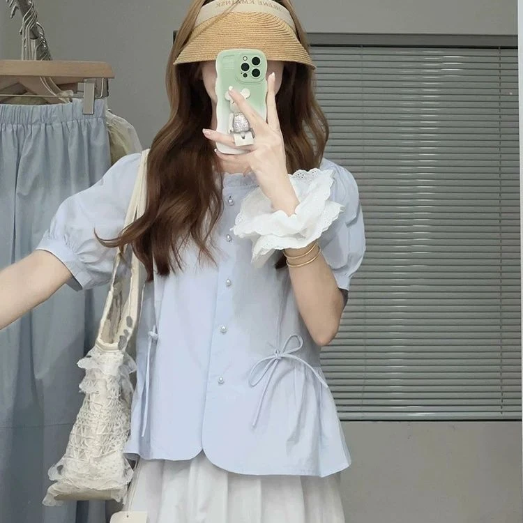 法式慵懒风蓝色泡泡袖衬衫女夏季2025新款小个子小众休闲短袖上衣